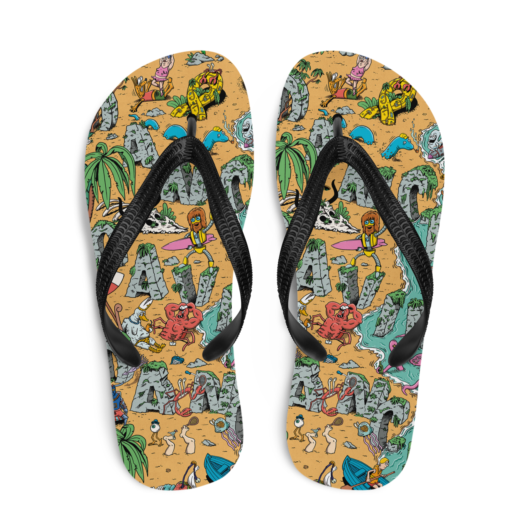 Colorful flip-flops with a cartoonish design on a white background