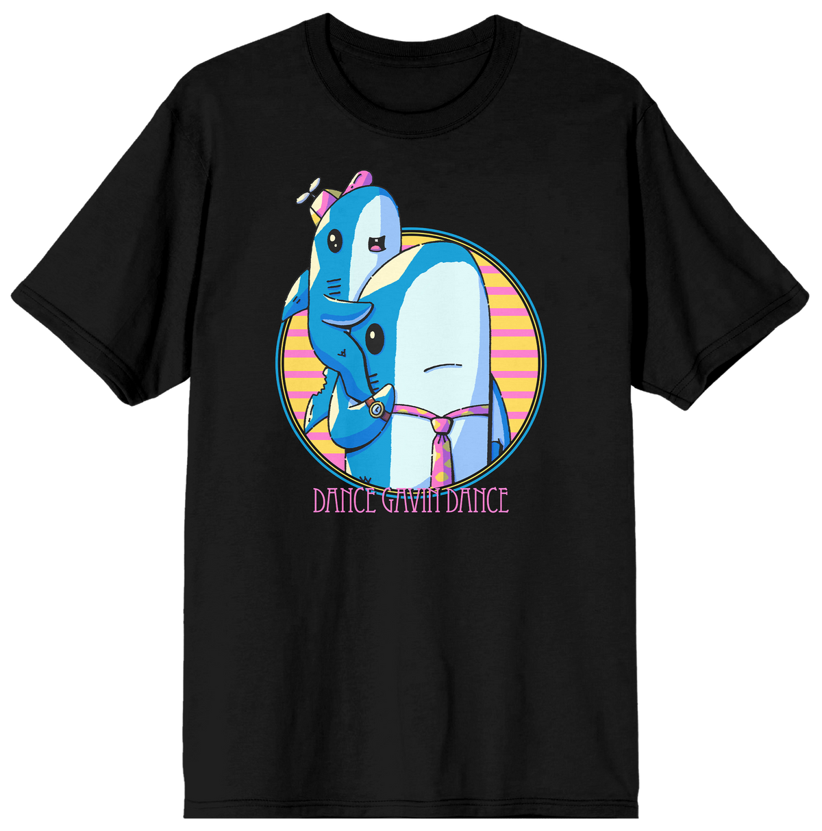 Black t-shirt with a colorful graphic of a blue character and text 'DANCE DANCE DANCE' on a white background
