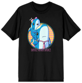 Black t-shirt with a colorful graphic of a blue character and text 'DANCE DANCE DANCE' on a white background