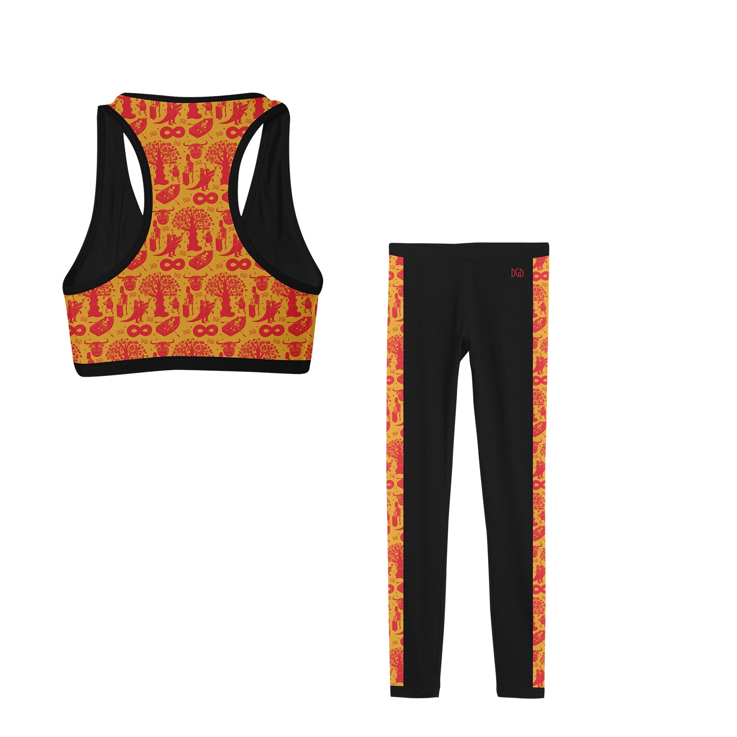 Photo of the Dance Gavin Dance Custom Workout Set on a white background.   Bra is on the left and has Orange fabric with red image icons from Dance Gavin Dance Albums as well as black border and piping.  The sweatpants are black with the same orange with red album icons running down both legs.  