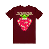 image of a maroon tee shirt on a white background. tee has full chest print. at the top says dance gavin dance. below is a strawberry that says synergy at the top.