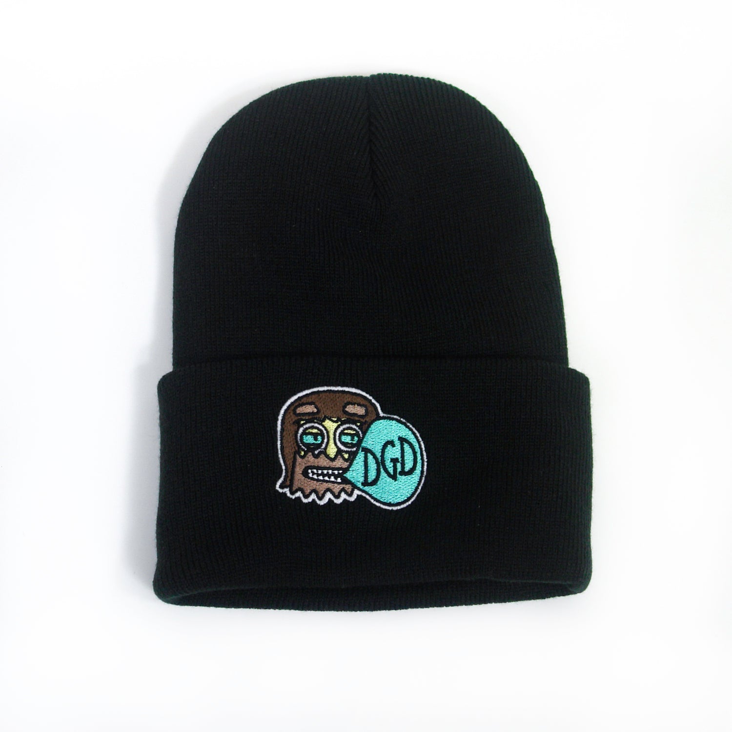 image of a black winter beanie on a white background. beanie has embroidery on the front cuff of the robot with human hair head and a text bubble that says D G D