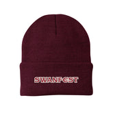 image of a maroon winter beanie hat with swanfest embroidered on the cuff in red with a white outline.
