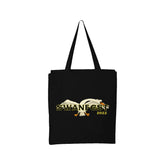 image of a black tote bag on a white background. the tote bag has the handles extended up and a large print on the front of a swan with the wings extended and says swanfest over the swan in black and 2022 in yellow below on the right,