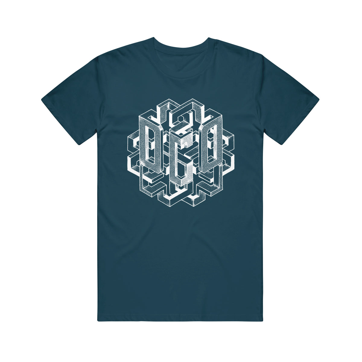 image of a deep teal tee shirt on a white background. tee has a full center chest print in white of geometric boxes with the letters D G D 
