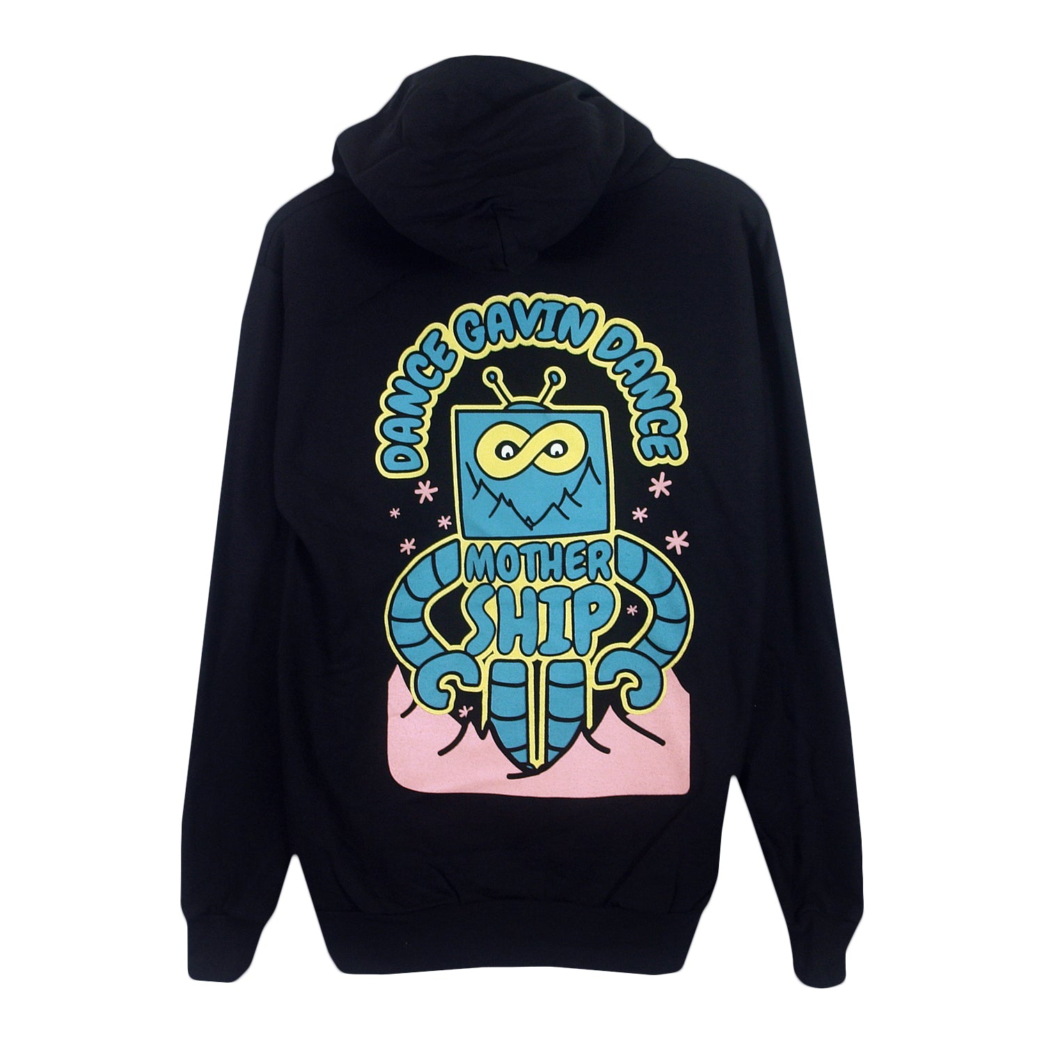 image of the back of a black pullover hoodie on a white background. hoodie has a full back print of a blue robot. across the robots chest says mother ship, and arched above says dance gavin dance