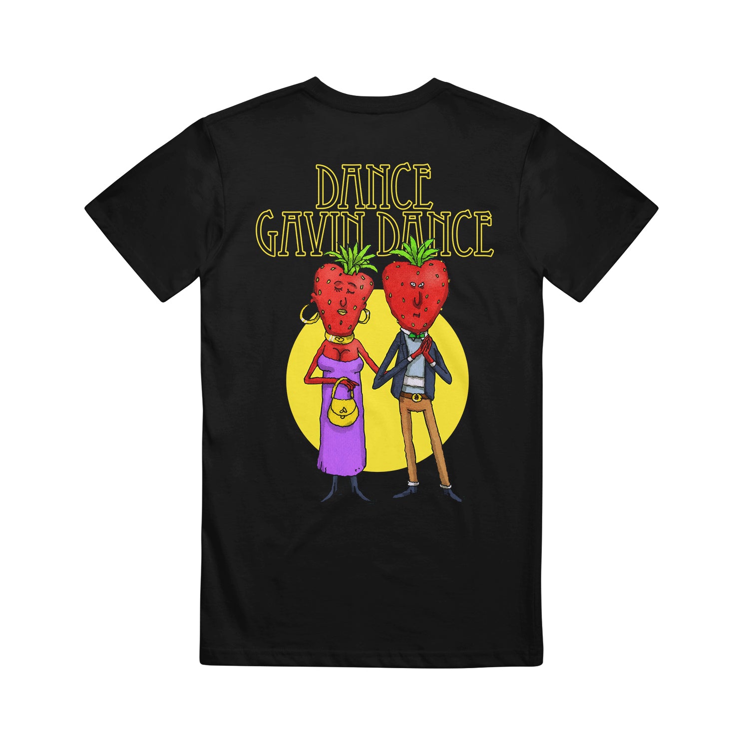 image of the back of a black tee shirt on a white background. the back of the tee has a full back print with yellow outline text on the top that says dance gavin dance and then a yellow circle with a couple with strawberry heads