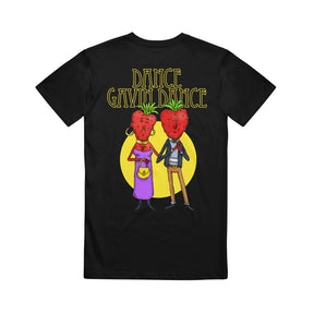 image of the back of a black tee shirt on a white background. the back of the tee has a full back print with yellow outline text on the top that says dance gavin dance and then a yellow circle with a couple with strawberry heads