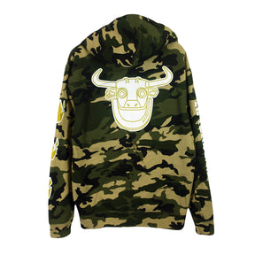 image of the back of a camo hoodie on a white background. hoodie  has a center print of a robot bull's head