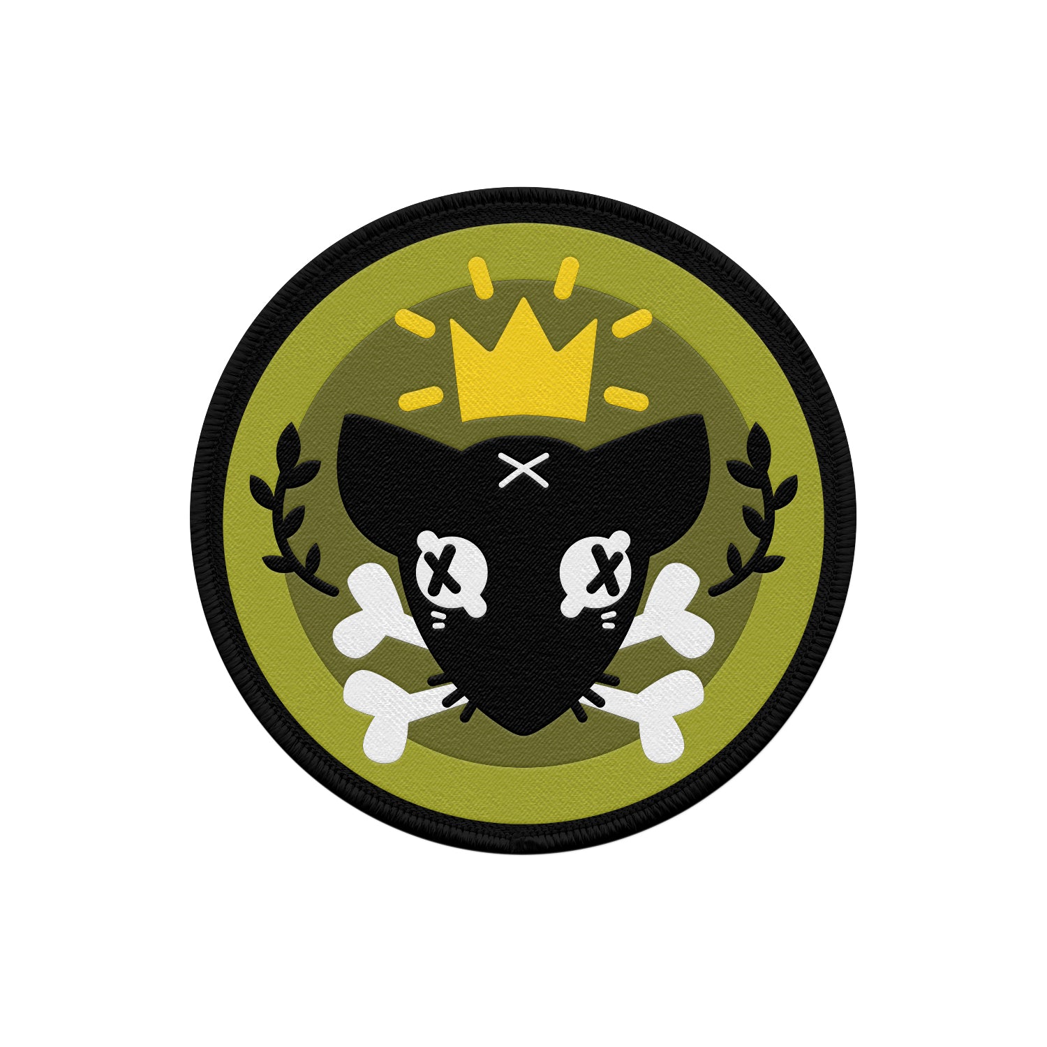 circle patch mock up on white background. black rim of circle with dead black rat with black x's as eyes and white bones in mouth wearing a gold crown framed with black laurels and a two tone green backgound.