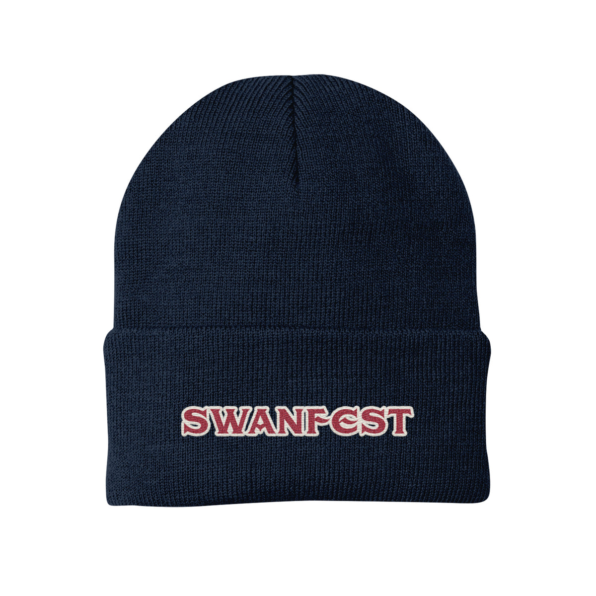 image of a navy winter beanie hat with swanfest embroidered on the cuff in red with a white outline.