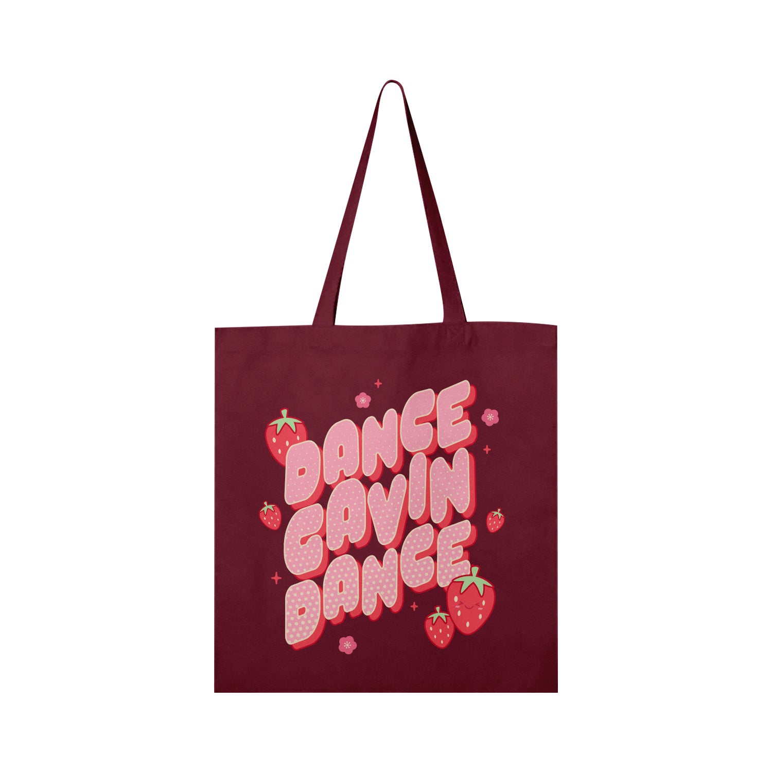 image of a maroon tote bag on a white background. the tote has a full print in pink that says dance gavin dance with red strawberries surrounding it