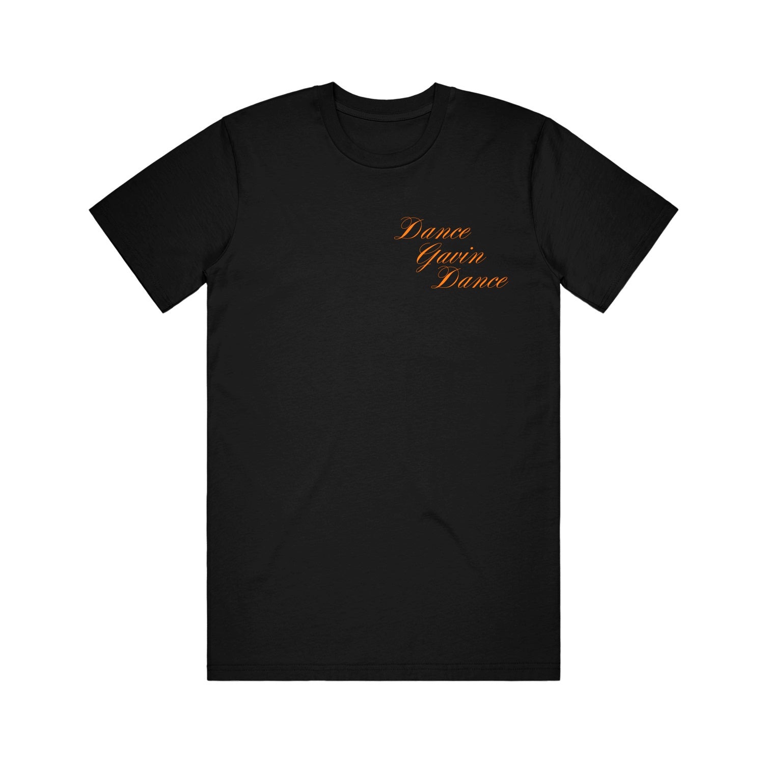 image of the front of a black tee shirt on a white background. tee has a small right chest print in orange that says dance gavin dance