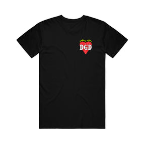 image of the front of a black tee shirt on a white background. the tee has a small print on the right chest of a strawberry with the letters D G D over it.
