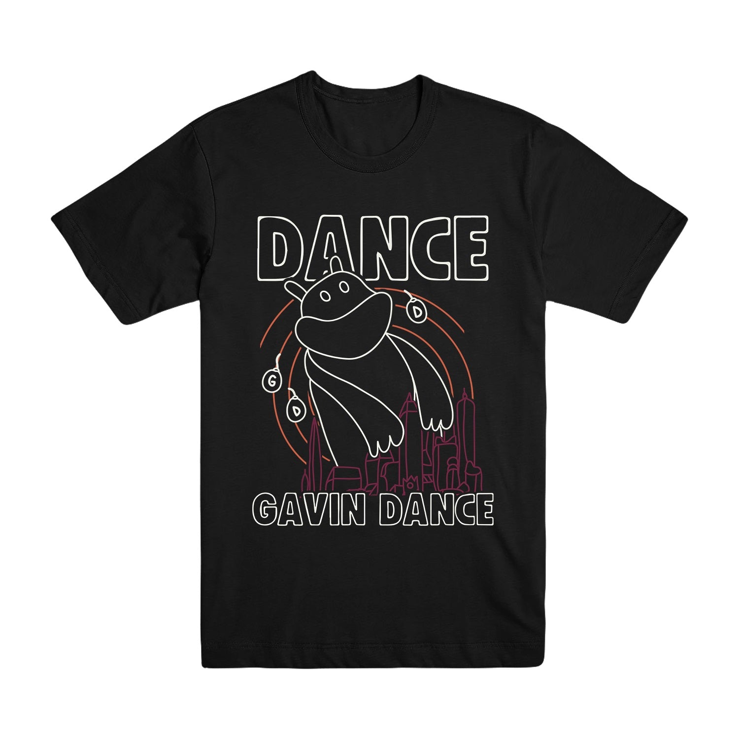 image of a black tee shirt on a white background. tee has full body print of the outline of a creature. at the top says dance and across the bottom says gavin dance