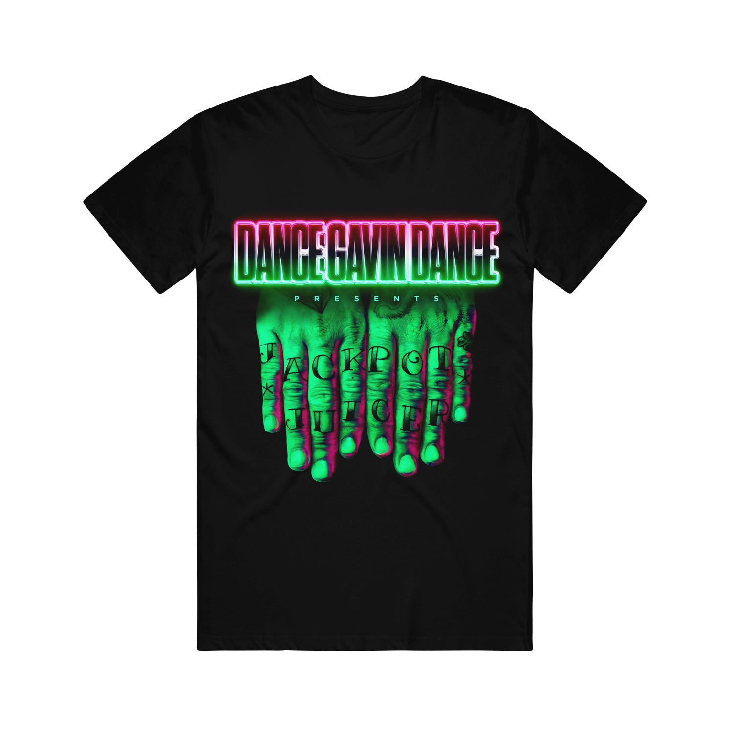 image of a black tee shirt on a white background. the tee has a full body print that says in pink and green at the top, dance gavin dance with hands laid in front and tattoos on the knuckles that say jackpot