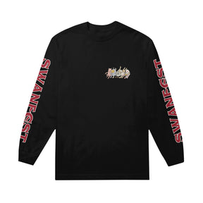 image of a black long sleeve on a white background. the tee has a small chest print on the right of characters dancing. both sleeves have red print that says swanfest