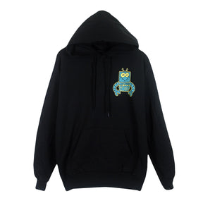 image of the front of a black pullover hoodie on a whie background. hoodie  has a right chest print of a blue robot.