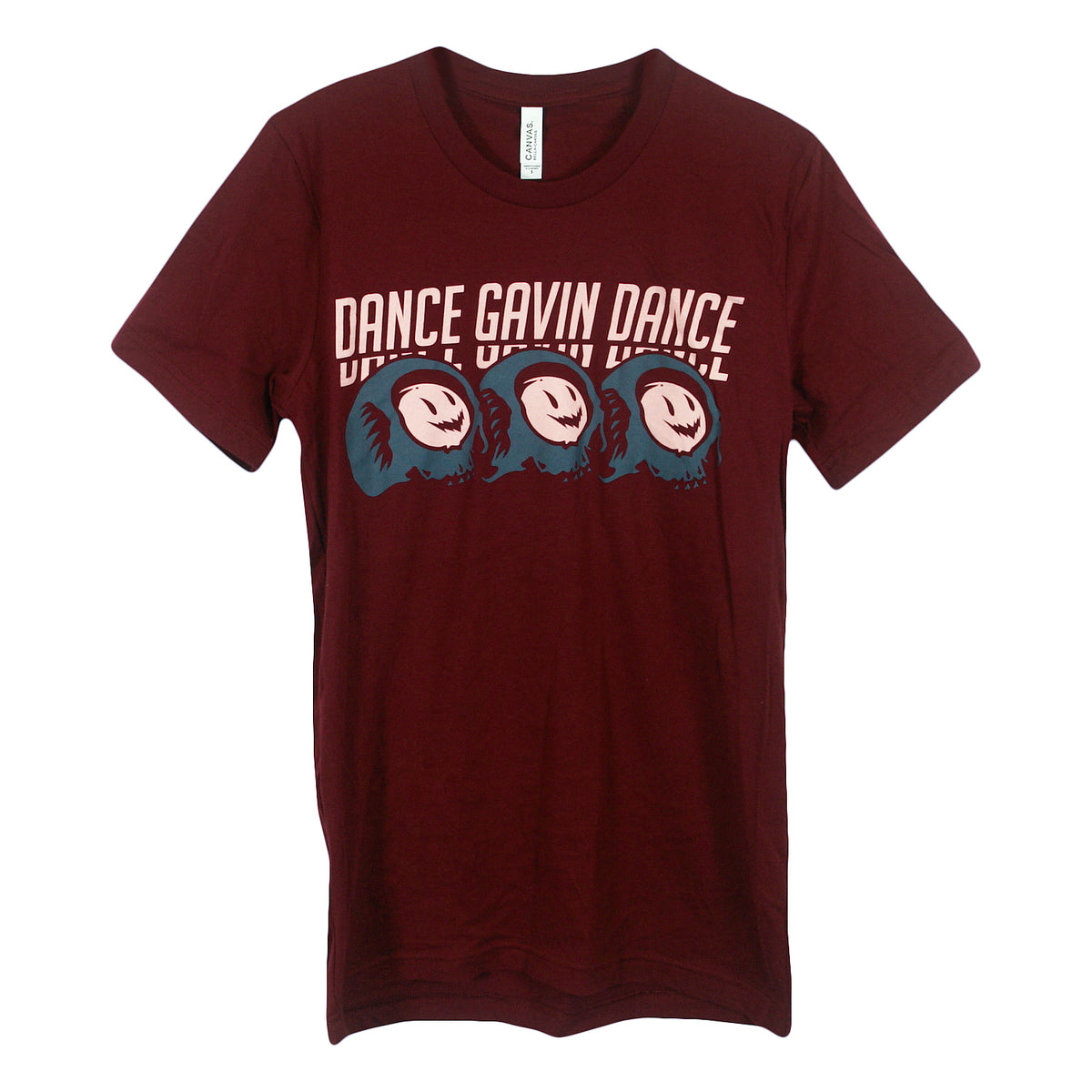 image of a maroon tee shirt on a white background. tee has center chest print of three faces. above the faces says dance gavin dance