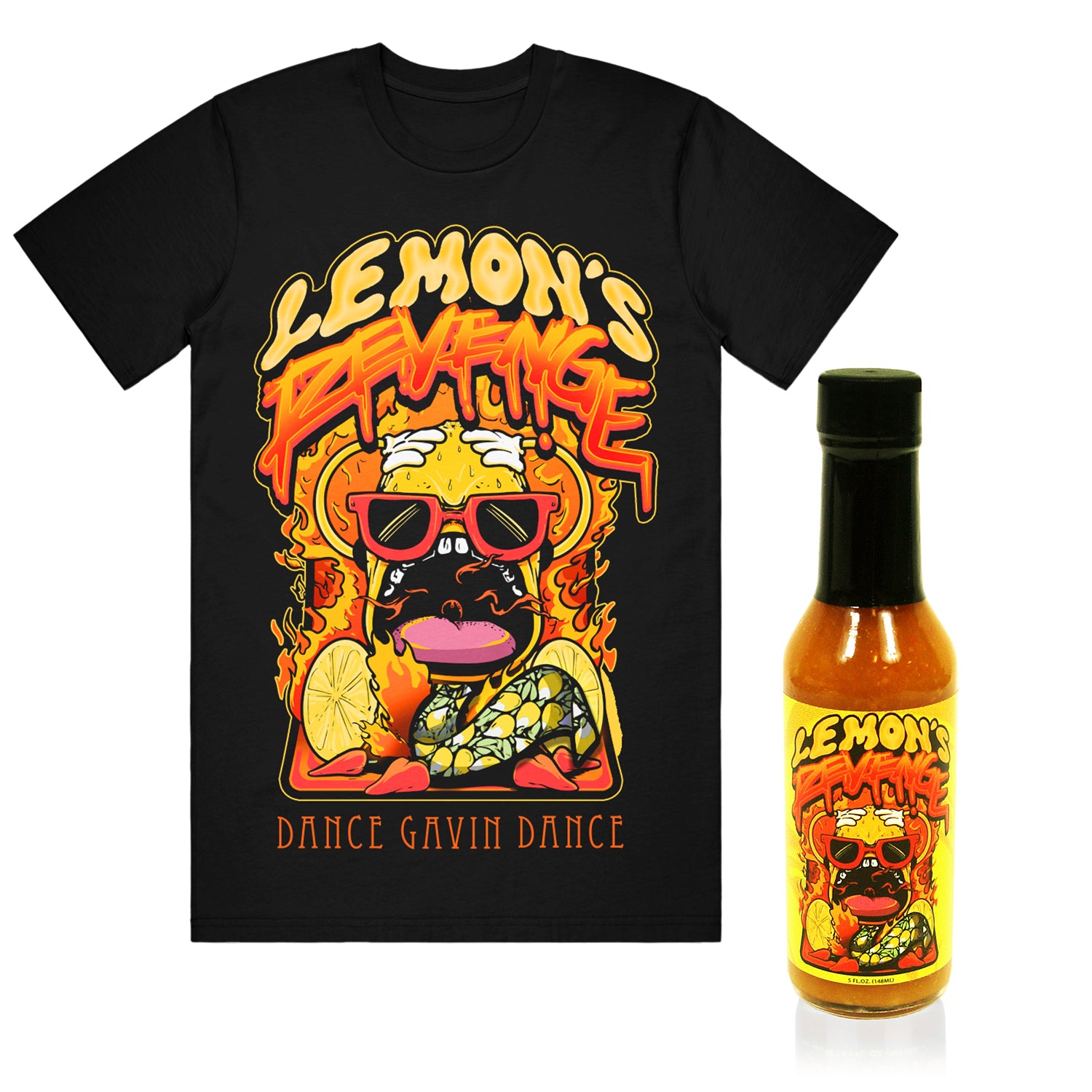 image of a black tee shirt and hot sauce bottle. tee has full body print that says lemon's revenge dance gavin dance with a lemon head wearing sunglasses surrounded by fire. hot sauce says label says lemon's revenge with a lemon wearing sunglasses surrounded by fire