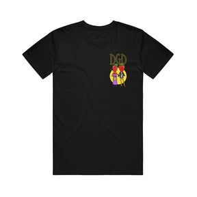 image of the front of a black tee shirt on a white background. the front of the tee has a small print on the right chest. in yellow outline text says D G D with a yellow circle and a couple with strawberry heads.