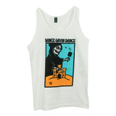 image of a whte tank top on a white background. tank has full body print of a grim reaper at the beach building a sand castle. at the top says dance gavin dance