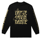 image of a black long sleeve tee shirt on a white background. front has full print, stacked in gold that says dance gavin dance. left sleeve has gold print that says spring tour 2020, and the right sleeve has tour dates and locations