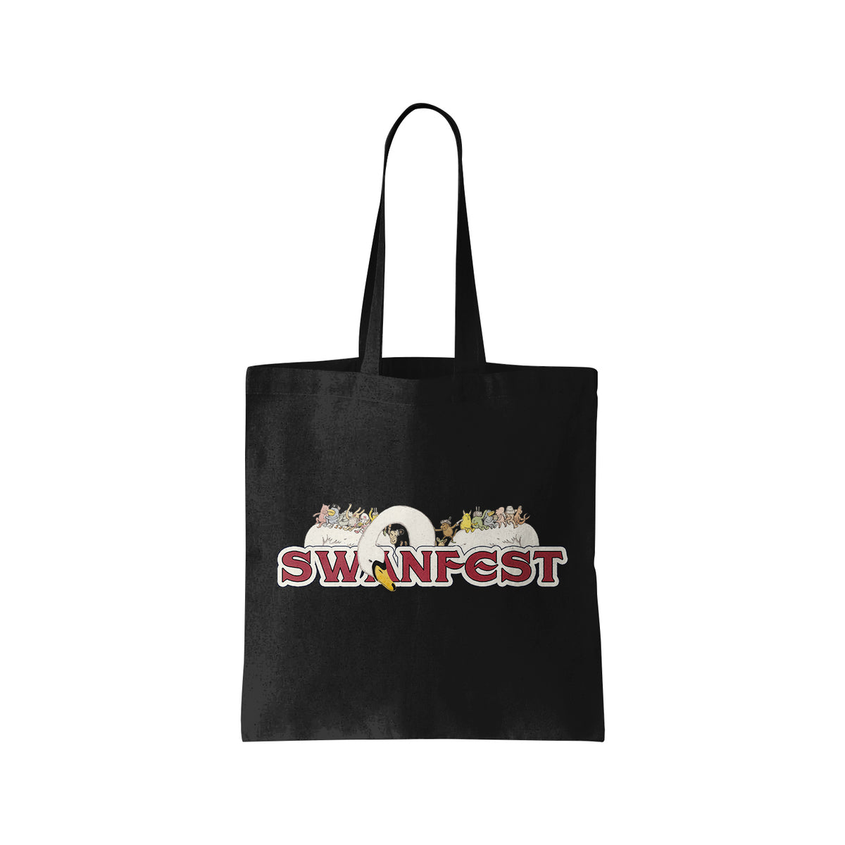 image of a black tote bag on a white background. the bags handles are extended up and has a full print on the front of a swan with the winsg extended and chartacters on the wings and written in red below says swanfest