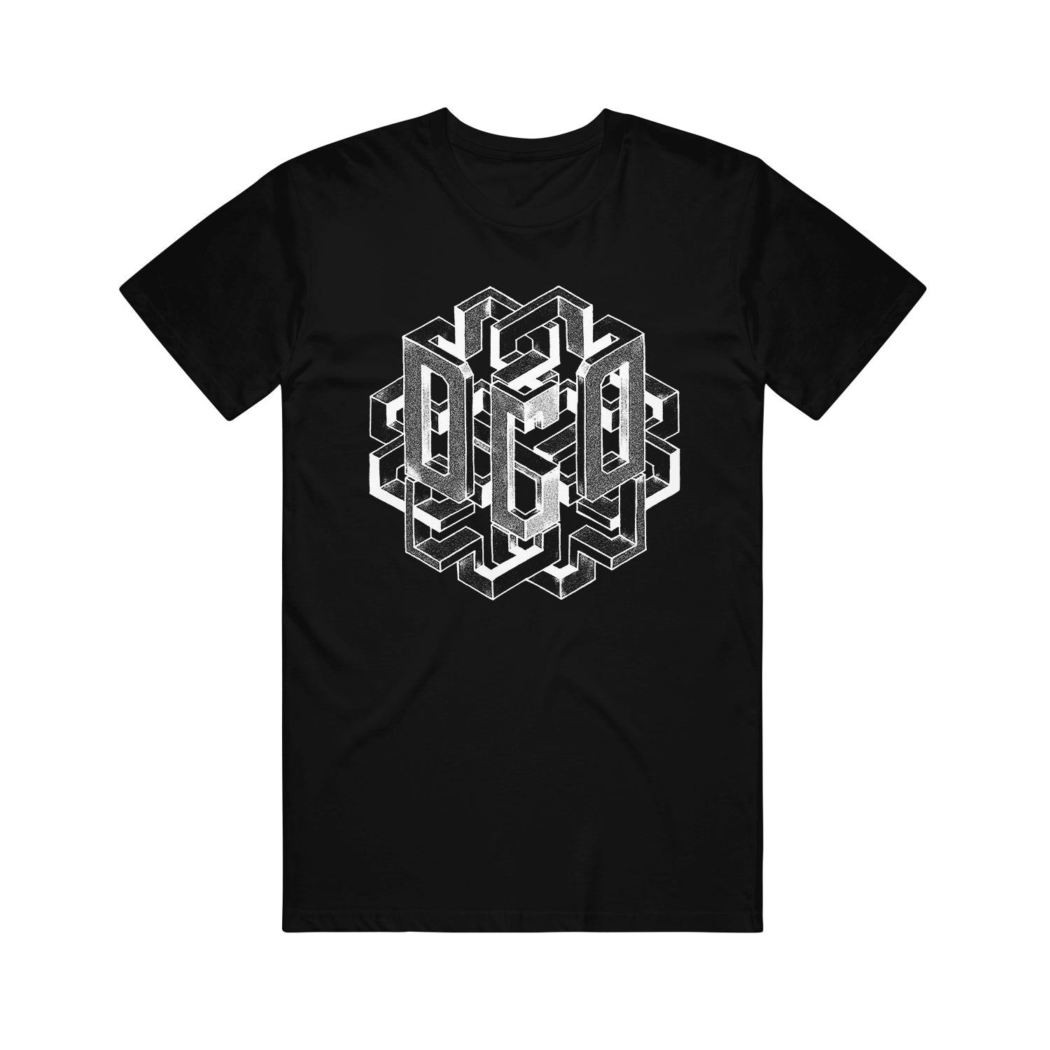 image of a black tee shirt on a white background. tee has a full center chest print in white of geometric boxes with the letters D G D 
