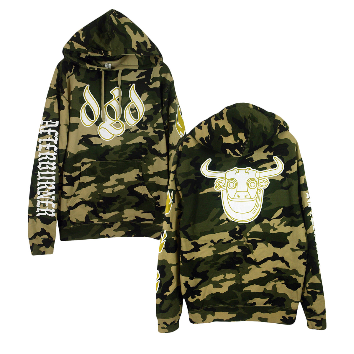 image of the front and back of a camo pullover hoodie on a white background. front is on the  left and has a center chest print in white of the letters D G D. left sleeve has white print that says afterburner. the back is on the right and has a center print of a robot bull's head