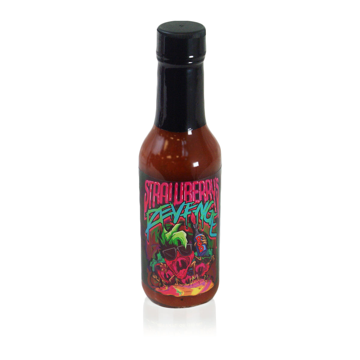 image of a hot sauce bottle on a white background. hot sauce says label says strawberry's revenge.