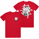 red tee front and back on white background with front on left with left chest print of a cat head in white with dance gavin dance curved up below. back on red tee on right with full back print of white cat  and black outline waving with left hand holding a D G D in right hand 