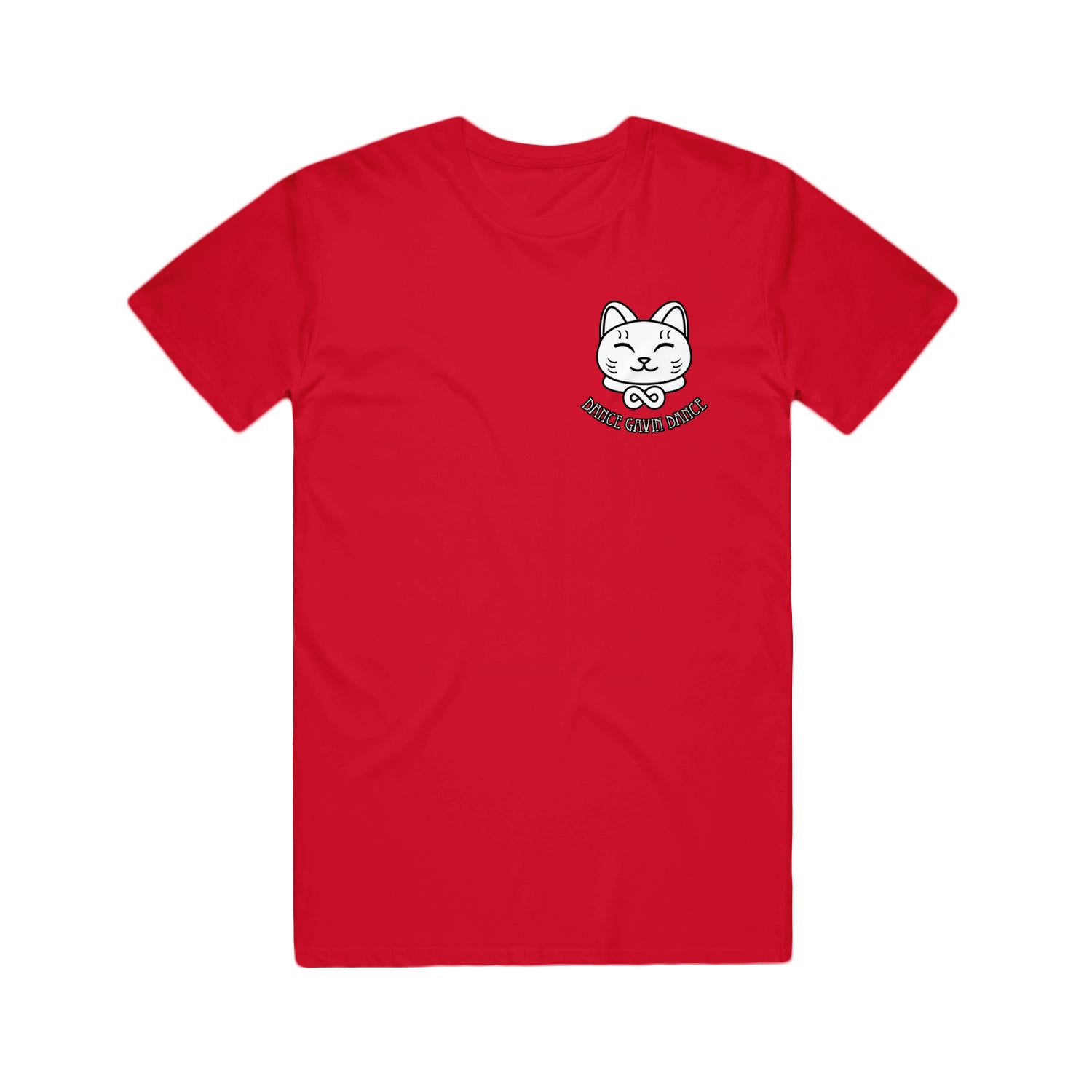 red tee on white background shows left chest print of a cat head in white with dance gavin dance curved up below.