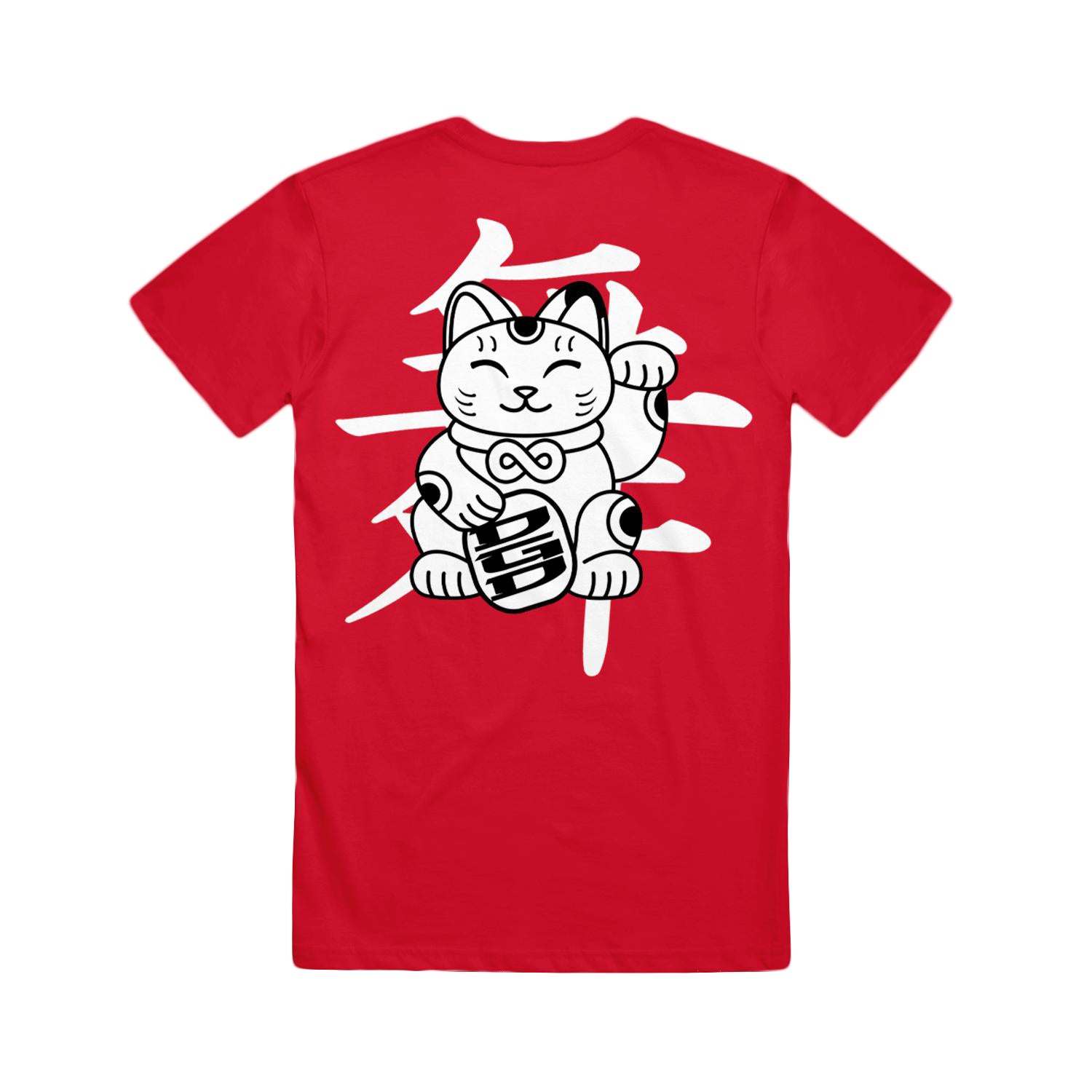 back on red tee on white background with full back print of white cat and black outline waving with left hand holding a D G D in right hand 