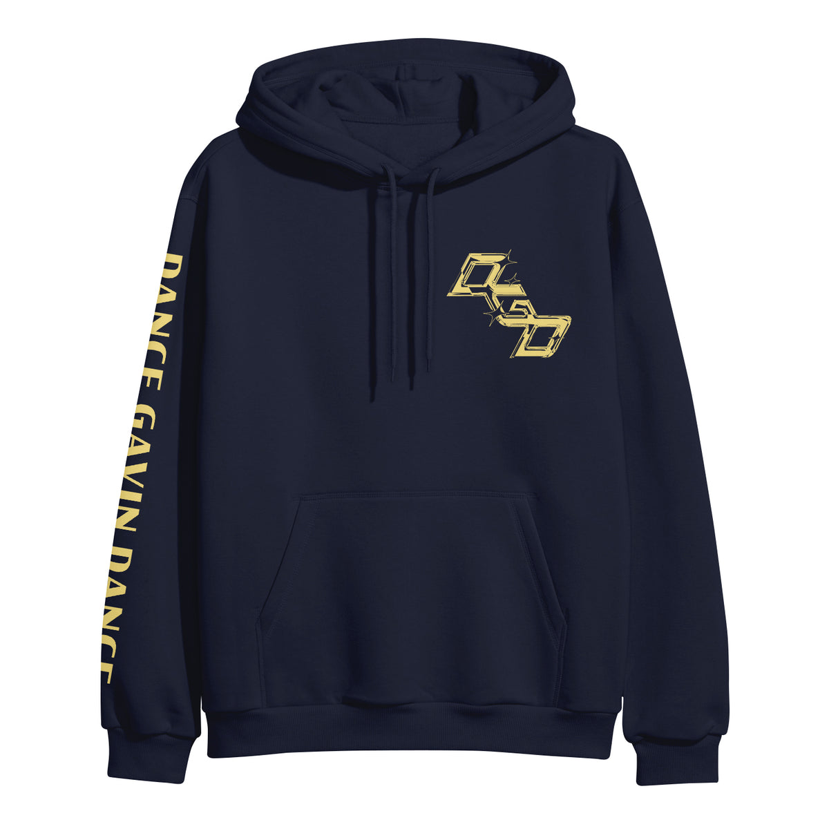navy pullover hoodie front on white background. front of hoodie has yellow print on full right sleeve that says dance gavin dance, and left chest print in yellow that says D G D. 