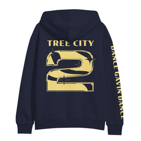  back of navy pullover hoodie on a w hite background hows a full back print in yellow that says tree city above a giant number 2 with dance gavin dance in yellow on left sleeve of navy pullover hoodie