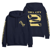 navy hoodie front and back on white background. front of hoodie has yellow print on full right sleeve that says dance gavin dance, and left chest print in yellow that says D G D. back of hoodie shows a full back print in yellow that says tree city above a giant number 2 with dance gavin dance in yellow on left sleeve of navy pullover hoodie