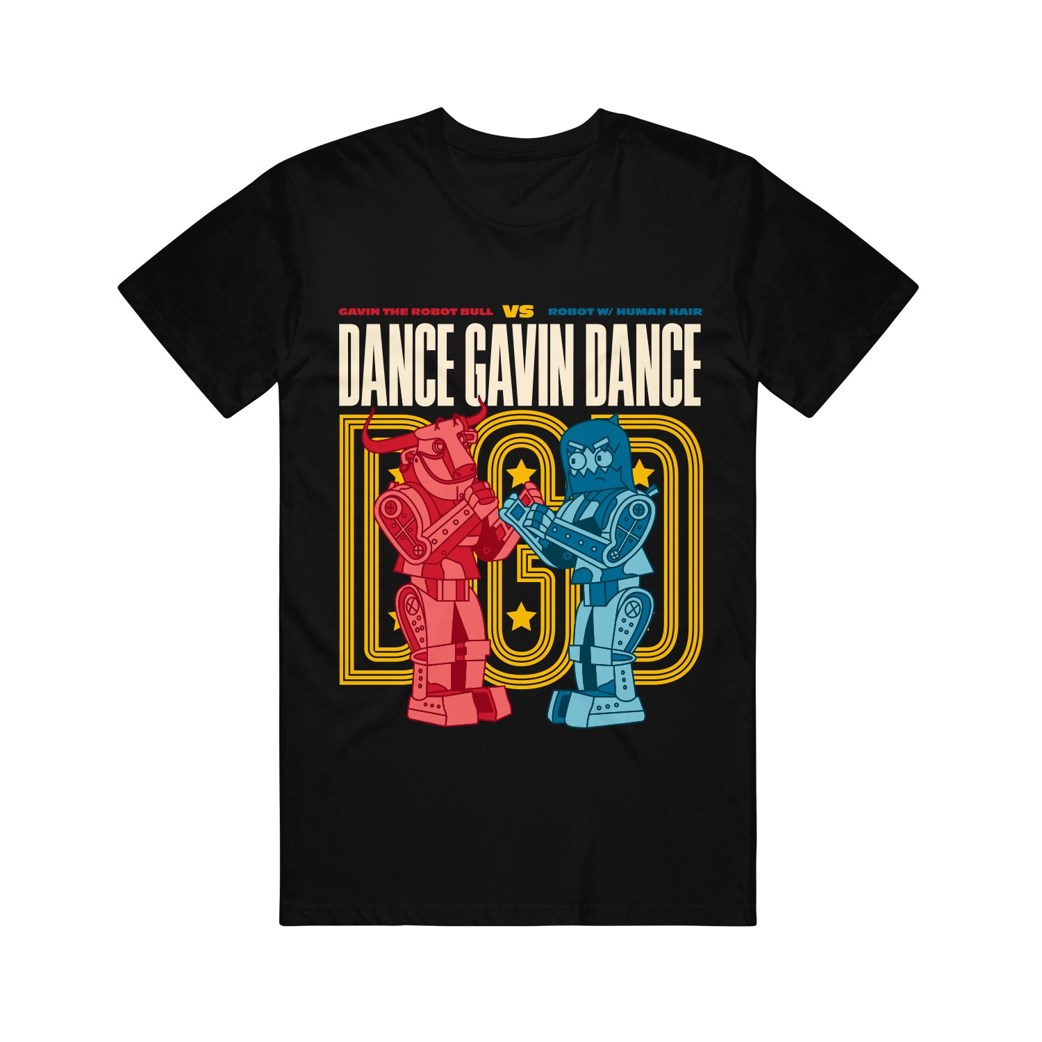 black tee shirt on white background with full chest print that has multi colors that says dance gavin dance in cream across chest and D G D in yellow below with two robots, one in pink on right of tee and one in blue on left, fighting. 