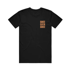 front of black tee on white background with left chest print in orange stacked says dance gavin dance.