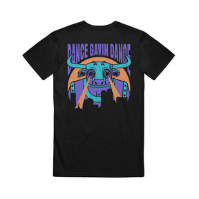 back of black tee on white background with full back print in purple, orange and teal of dance gavin dance's gavinzilla shooting laser beams from eyes over silhouetted cityscape.