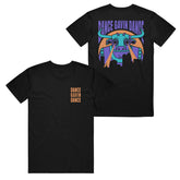 front and back black tee shirt on white background. front of tee on right with left chest print in orange stacked says dance gavin dance. back of tee on right with full back print in purple, orange and teal of dance gavin dance's gavinzilla shooting laser beams from eyes over silhouetted cityscape.