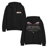 image of the front and back of a black zip up hoodie. the front of the hoodie is on the left and has a small chest print on the right on a white swan with wings extended and under that in red print with white outline swanfest. the back of the hoodie is on the right and has a full back print that says swan fest across the top and below that has the bands that played at the 2019 swanfest.