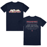 image of the front and back of a navy tee shirt on a white background. the front of the tee is on the left and has a print across the chest of a white swan with characters across the wings, and says swanfest below in red. the back of the tee is on the right and has a full back print. in red at the top says swanfest and below lists the bands that played at the 2019 swantfest in white,