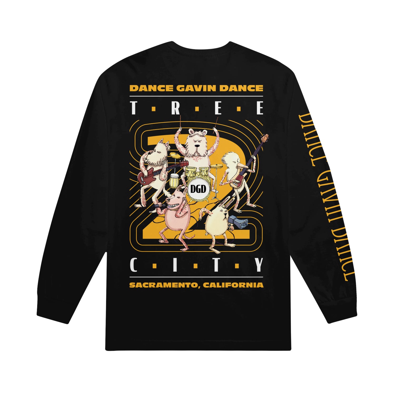 black long sleeve on white background shows back print that says dance gavin dance on top in yellow and tree in white below with cartoon characters playing guitars, drums and singing in multi colors in front of a big yellow number 2 with dance gavin dance in yellow on right sleeve