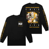 front and back black long sleeve tshirt on white background  front of shirt displayed on left with yellow print down full right sleeve that says dance gavin dance and left chest print that says D G D in white with yellow 2 around it. back of shirt on right that has full back print says dance gavin dance on top in yellow and tree in white below with cartoon characters playing guitars, drums and singing in multi colors in front of a big yellow number 2 with dance gavin dance in yellow on right sleeve