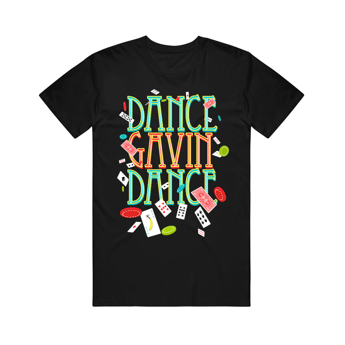 image of a black tee shirt on a white background. tee has full chest print that says dance gavin dance with playing cards and poker chips around it.