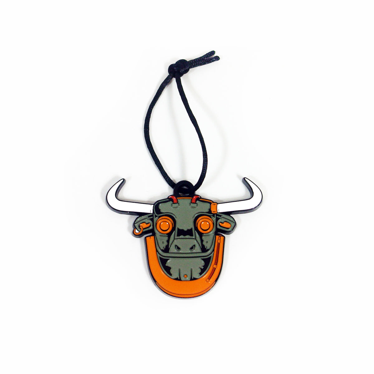 image of the front of an enamel ornament on a white backgrounnd. ornament is die cut in the shape of a robot bull