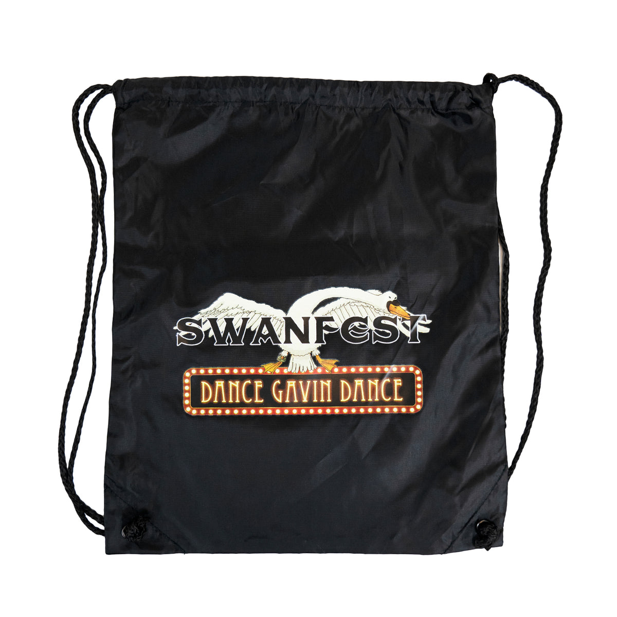image of a black cinch bag laid flat on a white background. front of bag has a white swan with wings outstretched. it says swanfest over it and dance gavin dance below