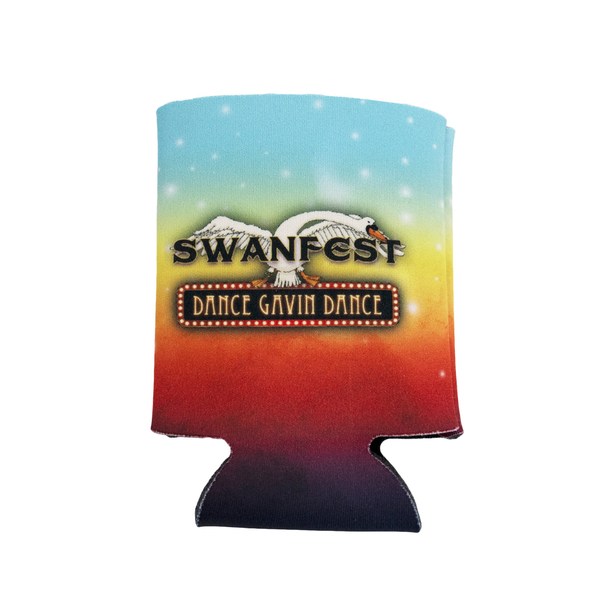 image of a drink koozie for a can on a white background. koozie is blue at the top fading to yellow, orange and purple as it goes down. a swan is on the front with wings stretched out, and says swanfest over it and dance gavin dance below