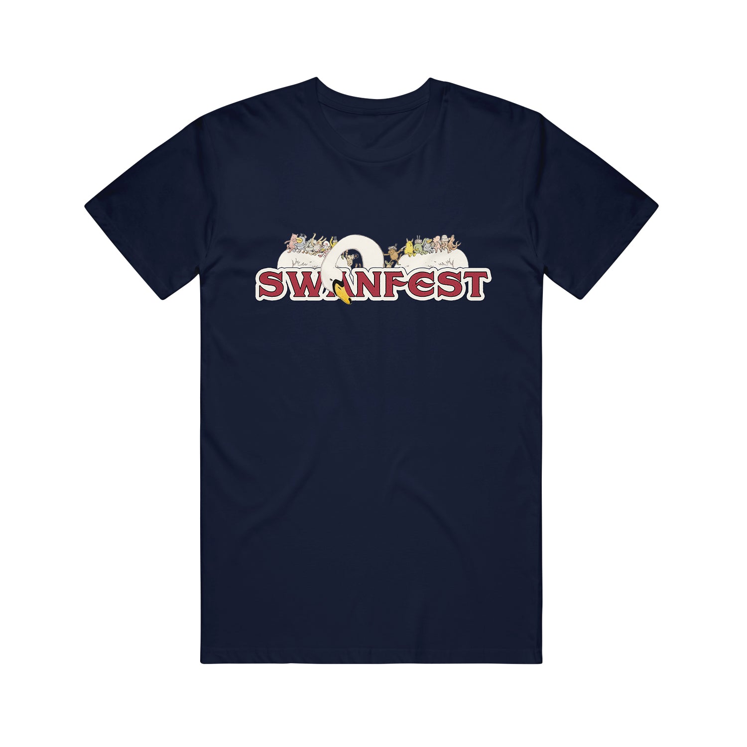image of a navy tee shirt on a white background, the tee has a print across the chest of a white swan with characters across the wings, and says swanfest below in red